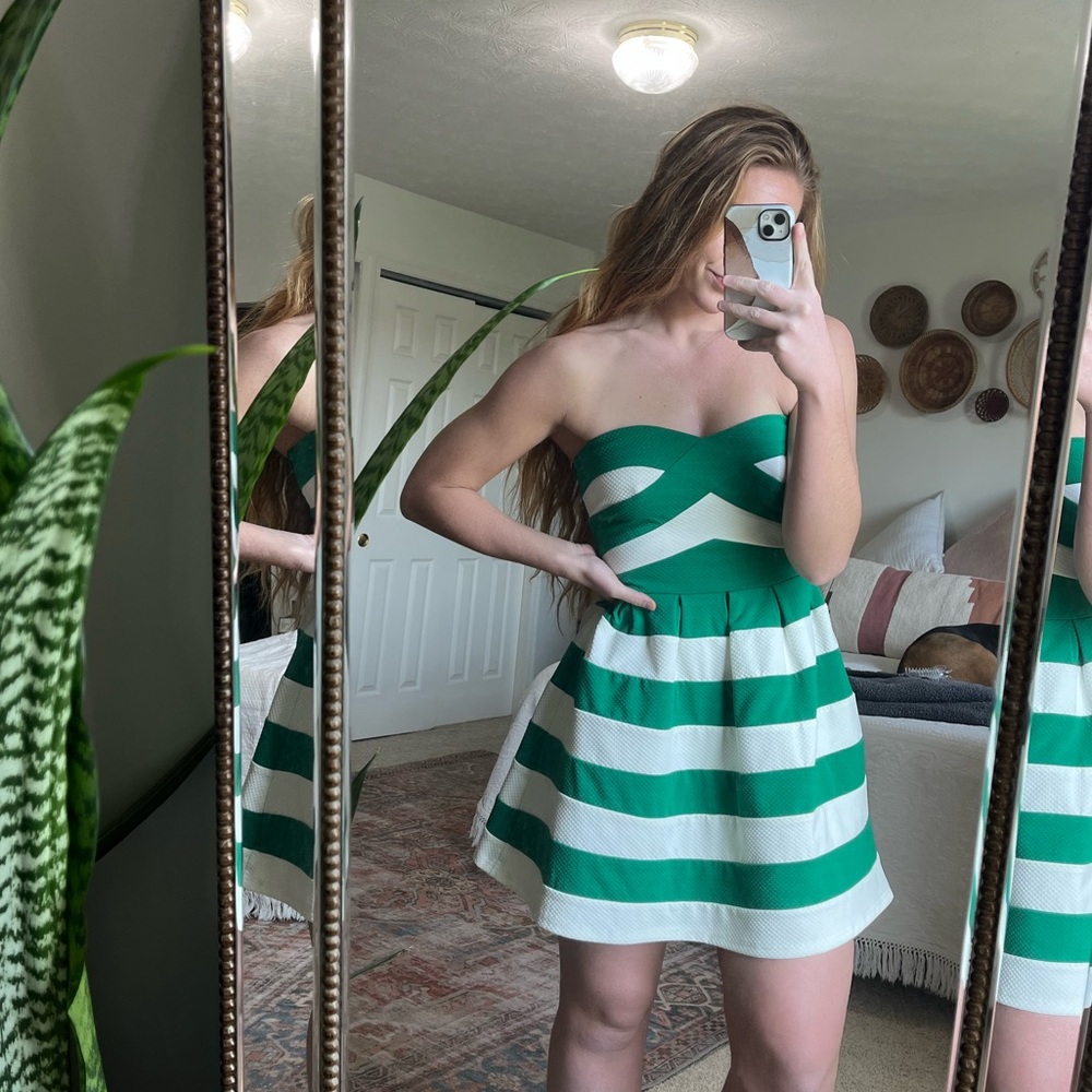 Boutique Green & White Striped Cupcake Flare Dress